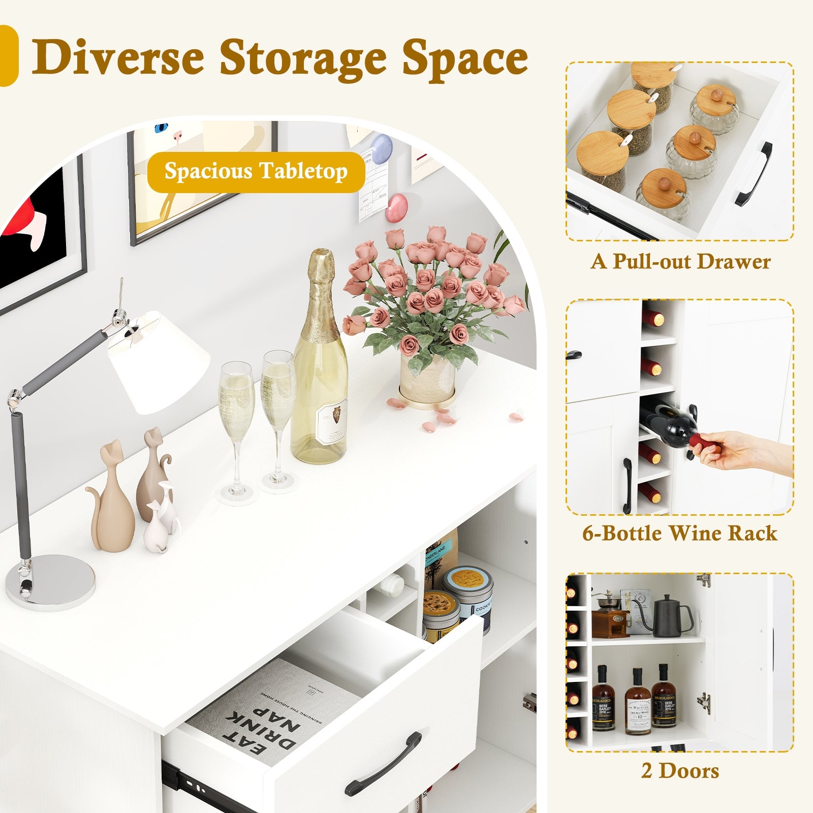 Modern Wine Bar Buffet Cabinet with 6-Bottle Wine Rack, White Sideboards Cabinets & Buffets at Gallery Canada