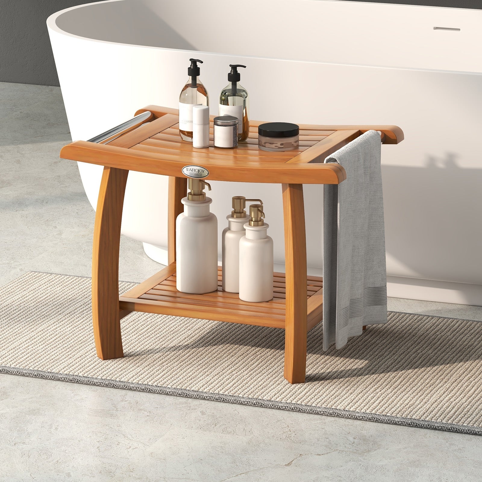 2-Tier Teak Wood Shower Bench Shower Stool with Curved Seat, Natural Bath Safety at Gallery Canada
