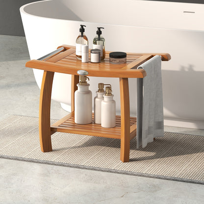 2-Tier Teak Wood Shower Bench Shower Stool with Curved Seat, Natural Bath Safety at Gallery Canada