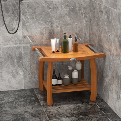 2-Tier Teak Wood Shower Bench Shower Stool with Curved Seat, Natural Bath Safety at Gallery Canada