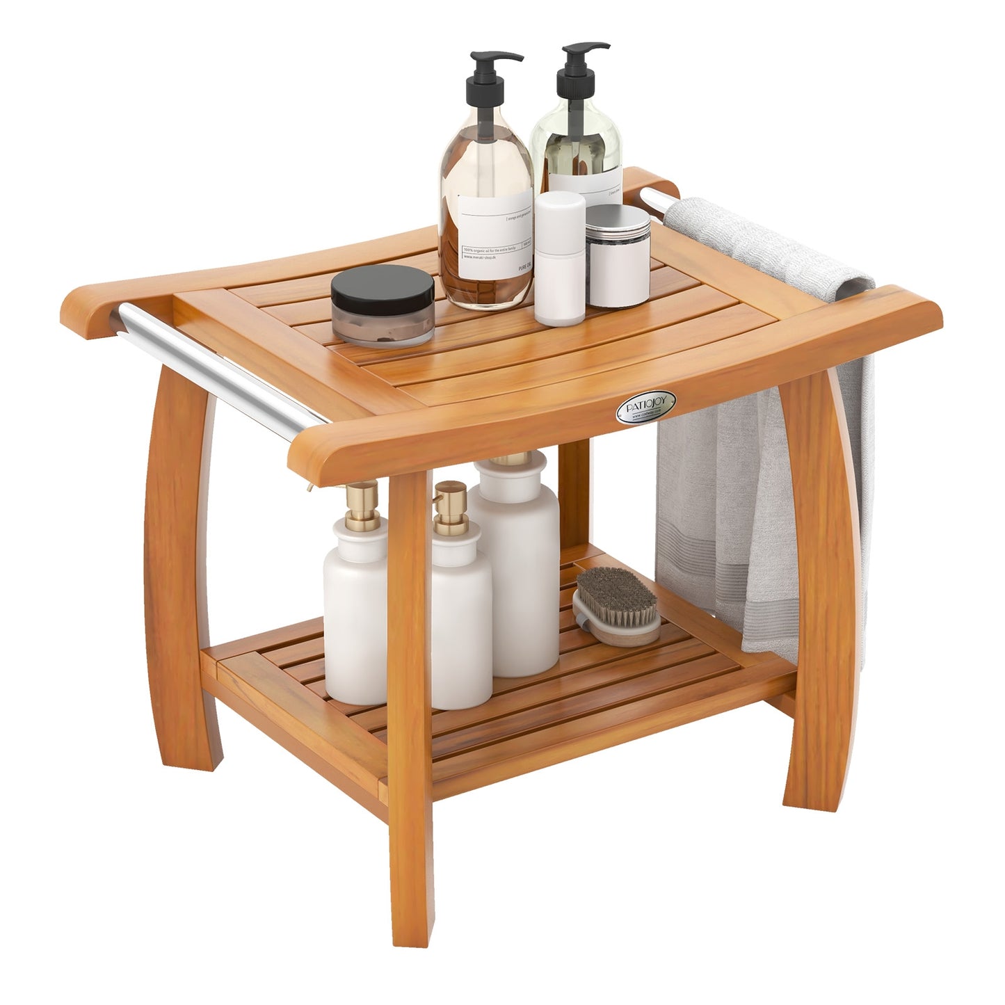 2-Tier Teak Wood Shower Bench Shower Stool with Curved Seat, Natural Bath Safety at Gallery Canada