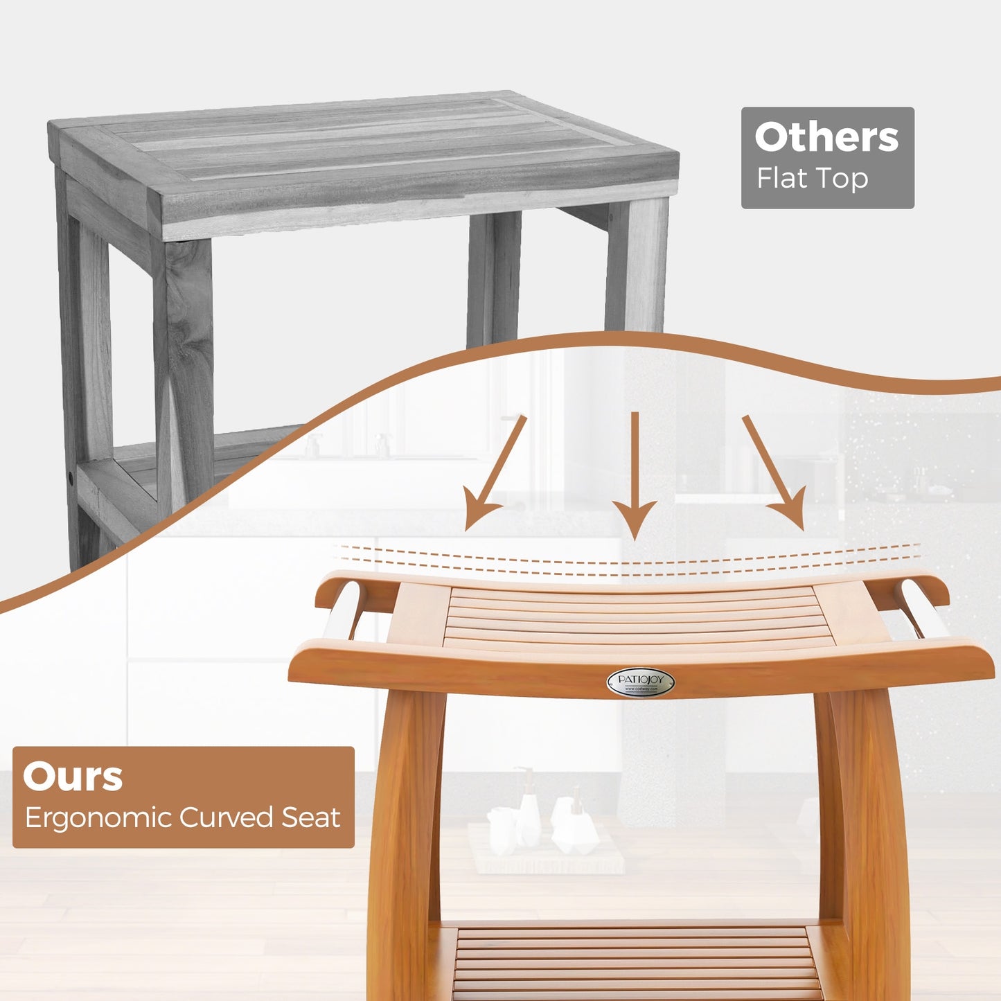 2-Tier Teak Wood Shower Bench Shower Stool with Curved Seat, Natural Bath Safety at Gallery Canada