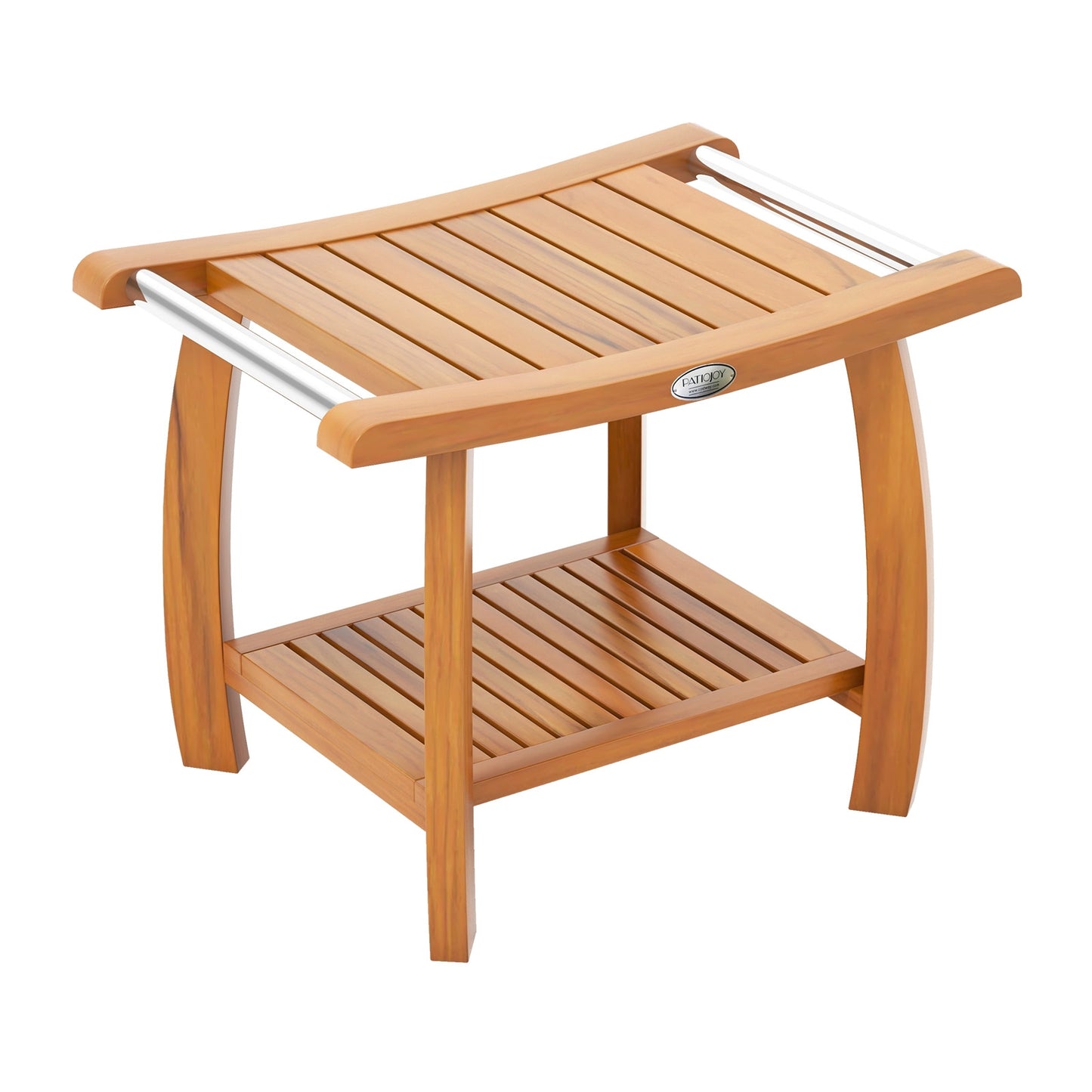 Banc de douche en bois de teck à 2 niveaux, avec siège incurvé, naturel