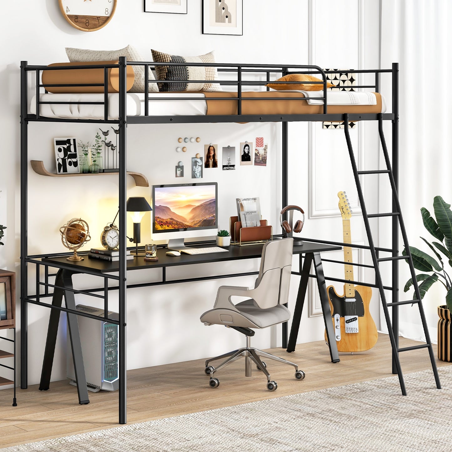 Twin Size Loft Bed Metal Bed Frame with Ladder and Guardrails, Black Bunk Bed Frame at Gallery Canada