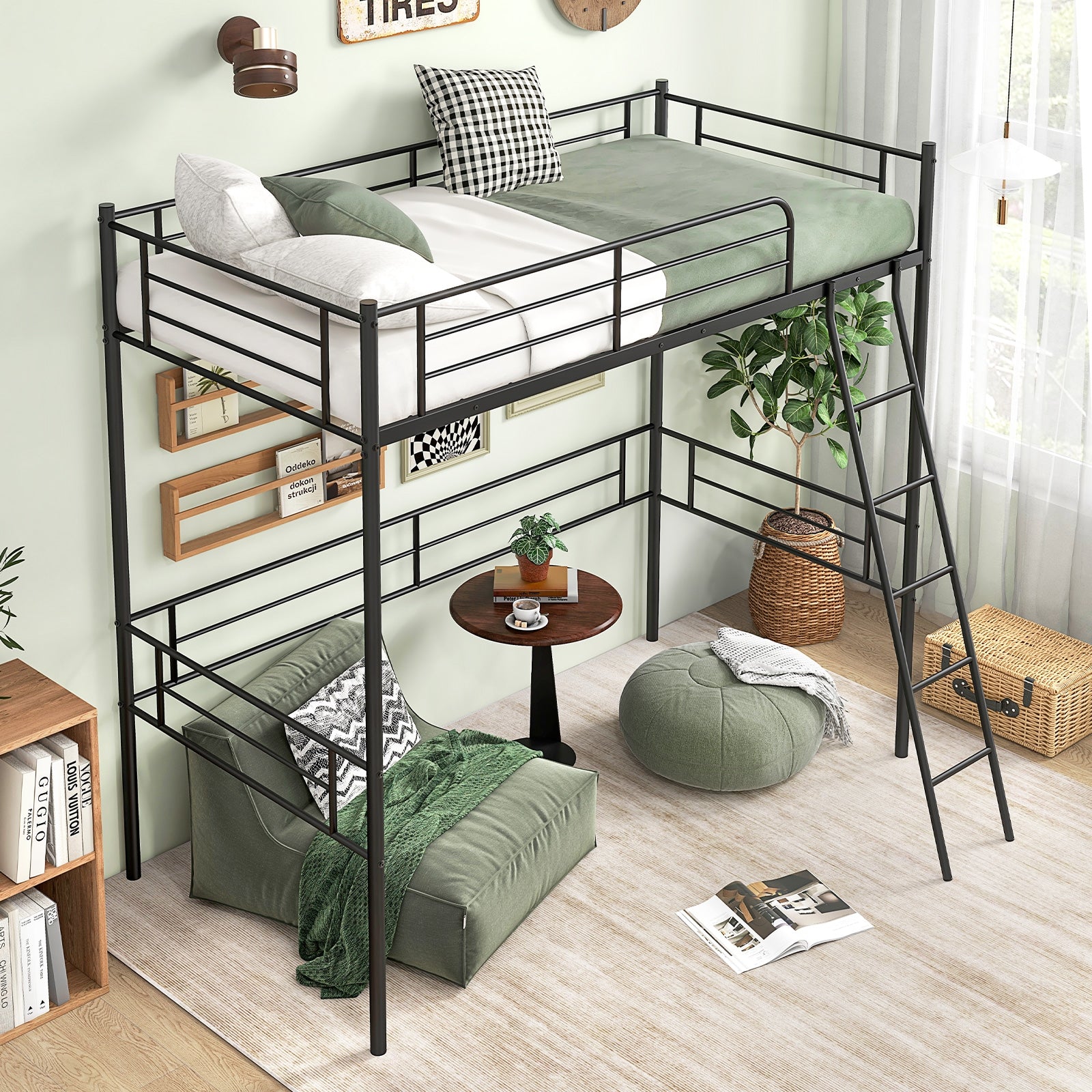Twin Size Loft Bed Metal Bed Frame with Ladder and Guardrails, Black Bunk Bed Frame at Gallery Canada