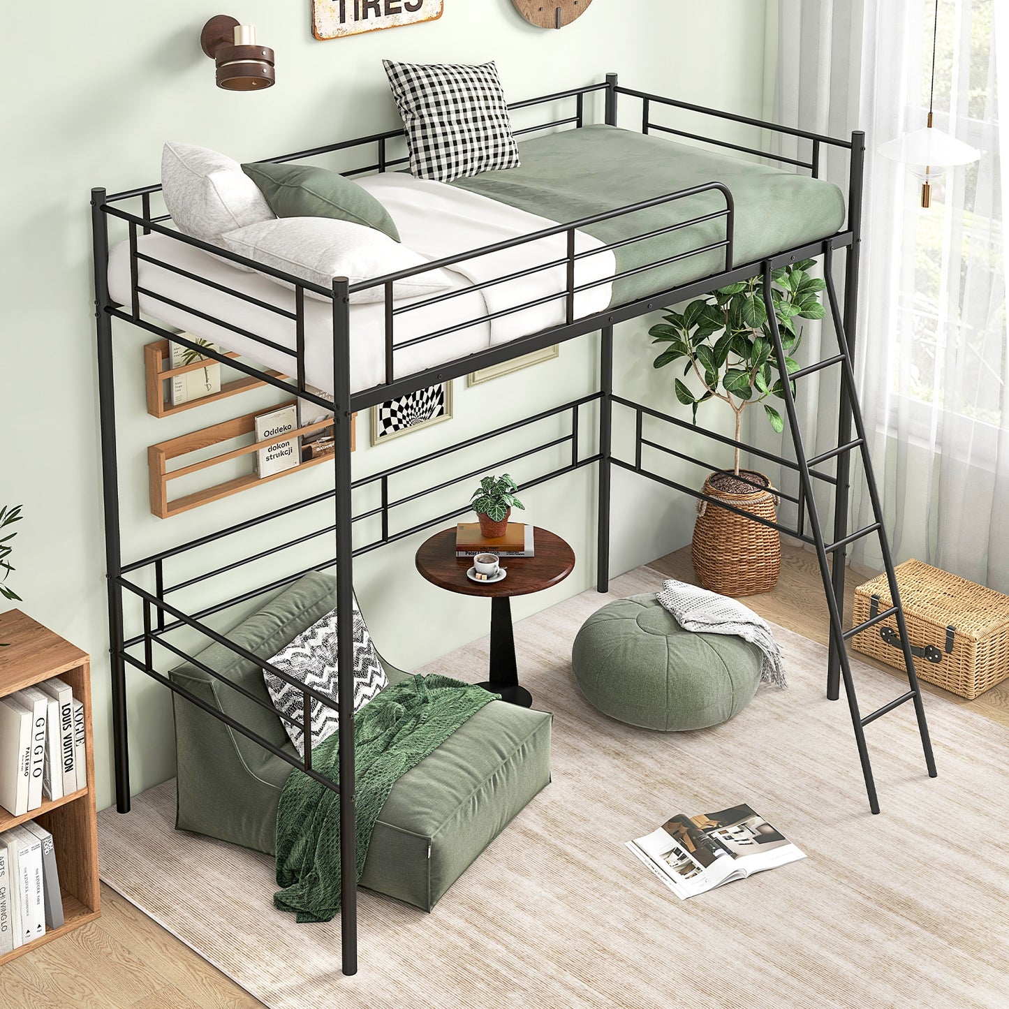 Twin Size Loft Bed Metal Bed Frame with Ladder and Guardrails, Black Bunk Bed Frame at Gallery Canada