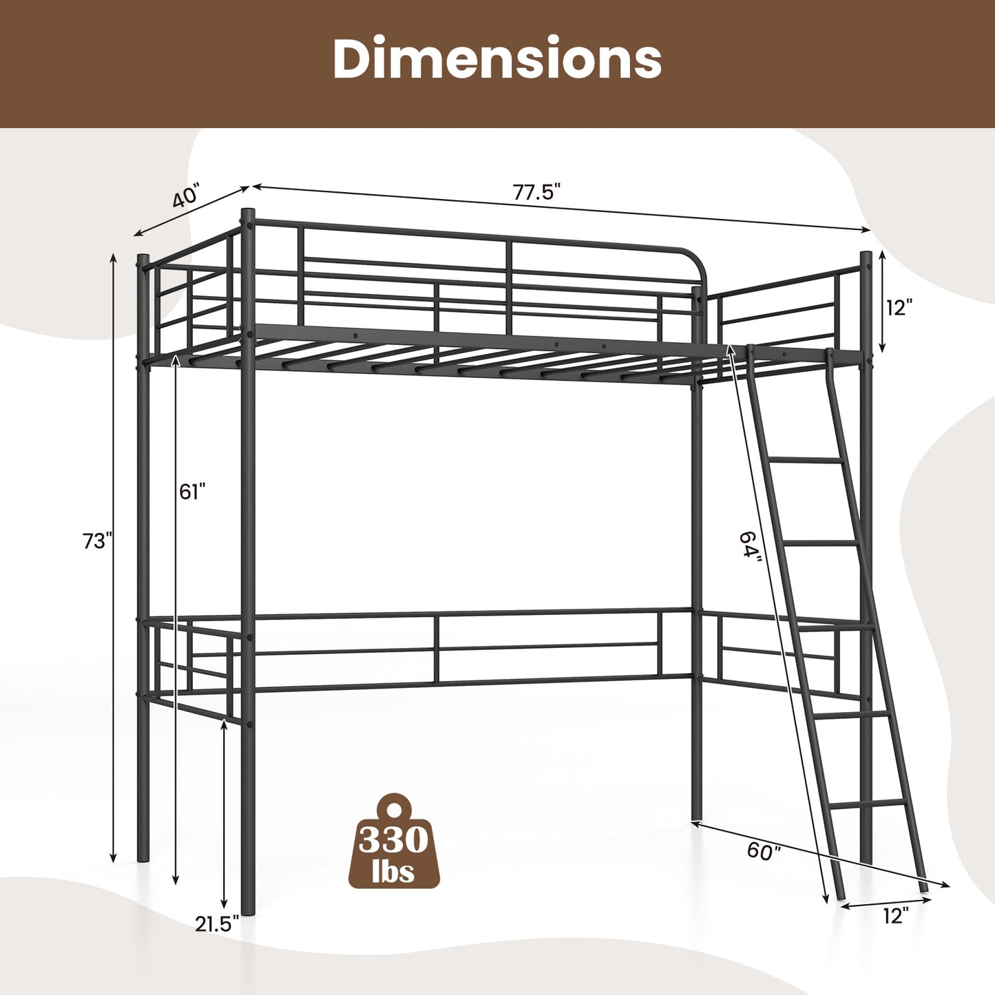 Twin Size Loft Bed Metal Bed Frame with Ladder and Guardrails, Black Bunk Bed Frame at Gallery Canada