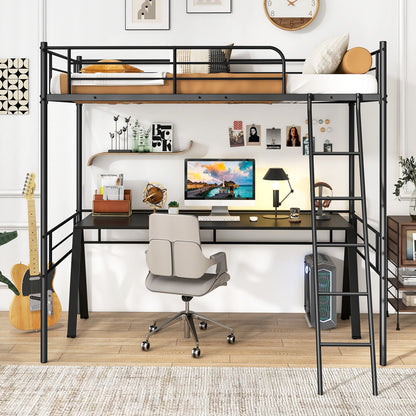 Twin Size Loft Bed Metal Bed Frame with Ladder and Guardrails, Black Bunk Bed Frame at Gallery Canada