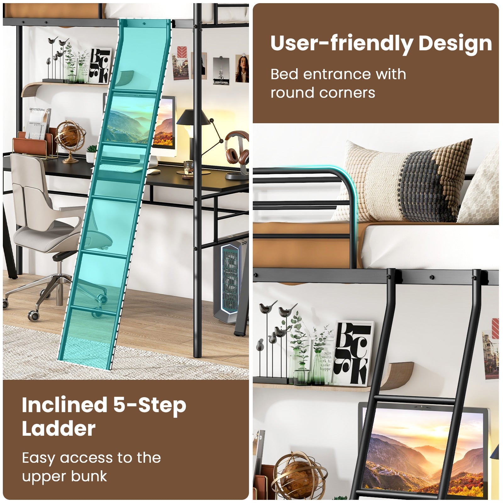 Twin Size Loft Bed Metal Bed Frame with Ladder and Guardrails, Black Bunk Bed Frame at Gallery Canada