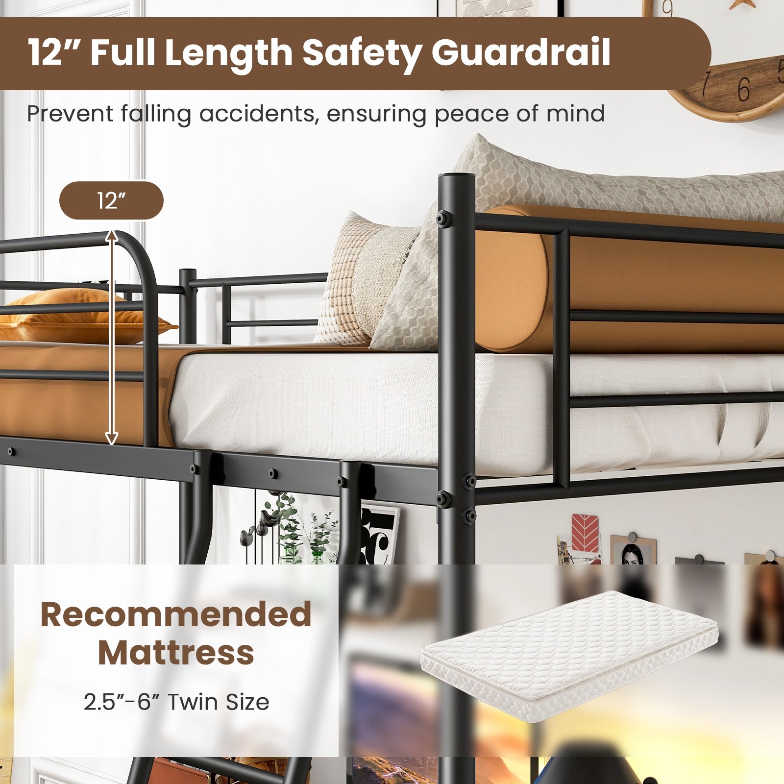 Twin Size Loft Bed Metal Bed Frame with Ladder and Guardrails, Black Bunk Bed Frame at Gallery Canada