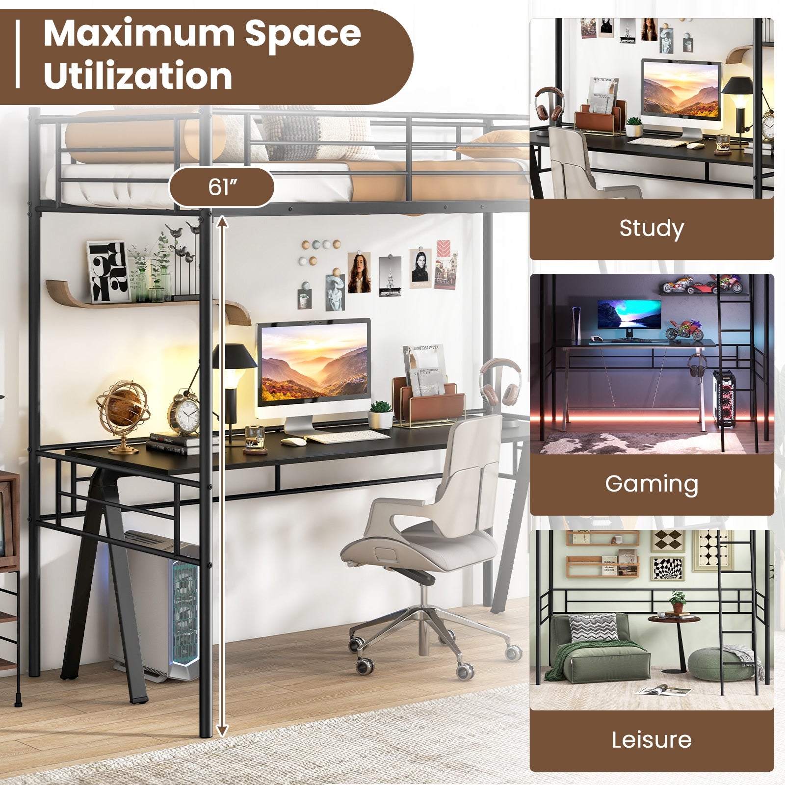 Twin Size Loft Bed Metal Bed Frame with Ladder and Guardrails, Black Bunk Bed Frame at Gallery Canada
