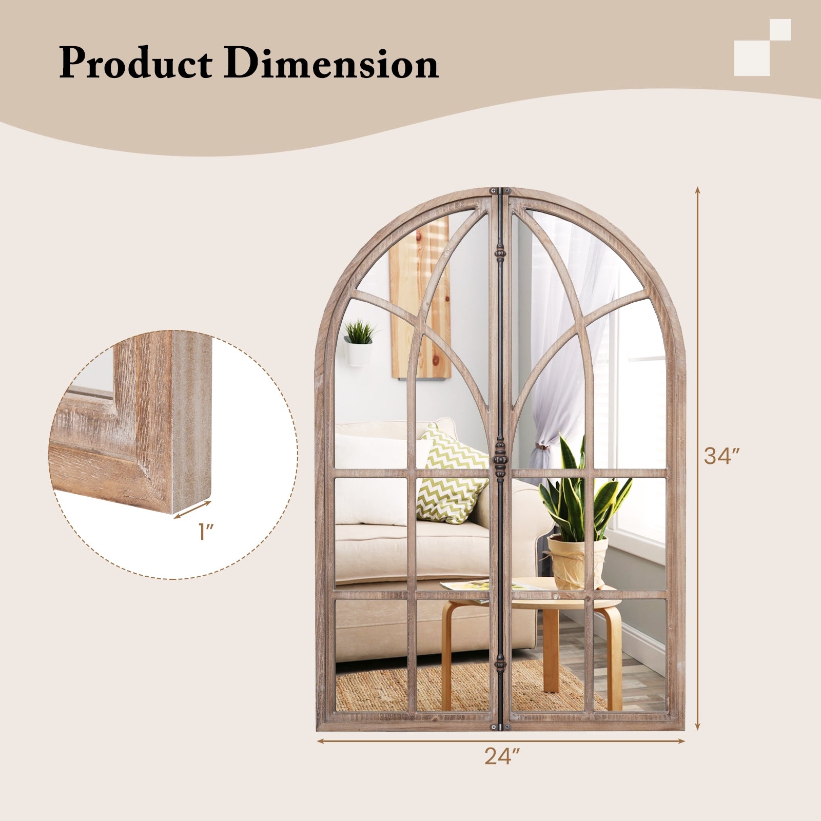 Arched Window Pane Mirror, Wall Mounted, Natural Wall Mirrors at Gallery Canada