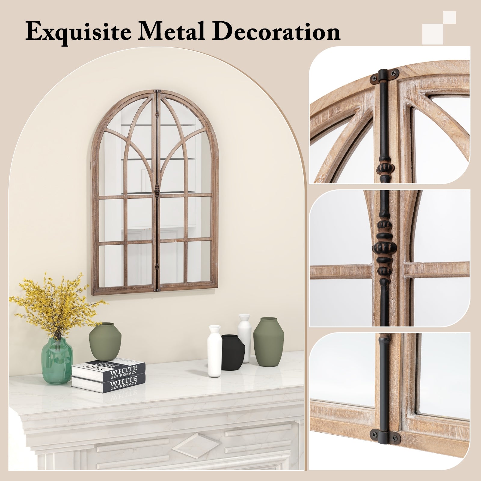 Arched Window Pane Mirror, Wall Mounted, Natural Wall Mirrors at Gallery Canada