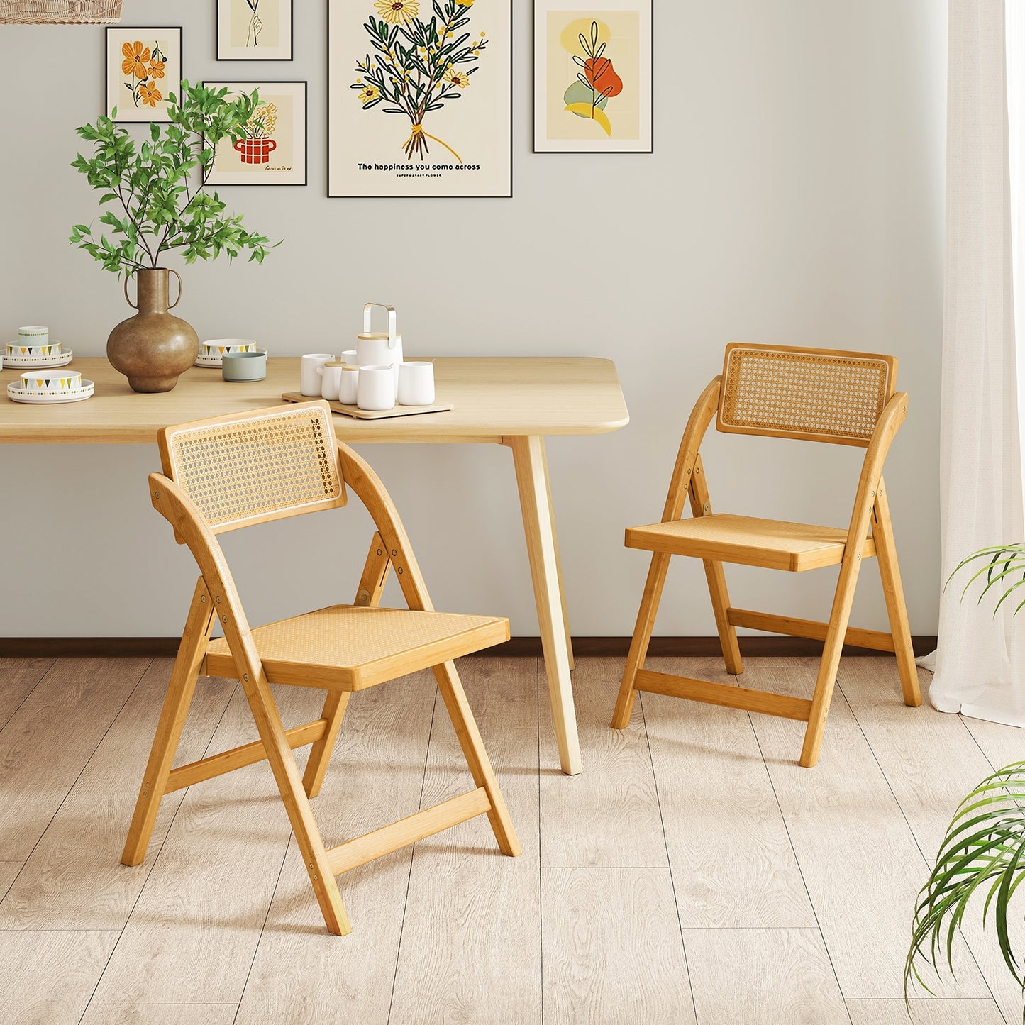 Rattan Cane Folding Dining Chairs Set of 2 with Rotatable Backrests, Natural Dining Chairs at Gallery Canada