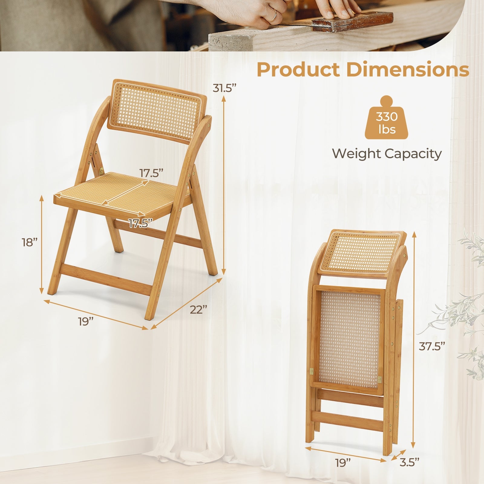 Rattan Cane Folding Dining Chairs Set of 2 with Rotatable Backrests, Natural Dining Chairs at Gallery Canada