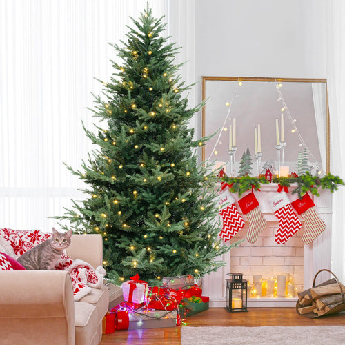 8 FT Pre-Lit Artificial Hinged Xmas Tree with 1480 PVC and PE Branch Tips-XL, Green