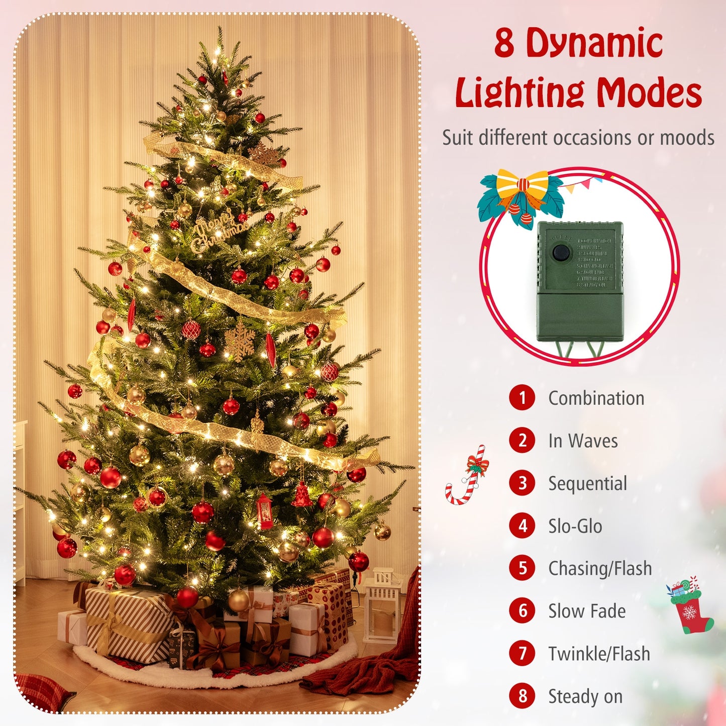 8 FT Pre-Lit Artificial Hinged Xmas Tree with 1480 PVC and PE Branch Tips-XL, Green Christmas Tree at Gallery Canada