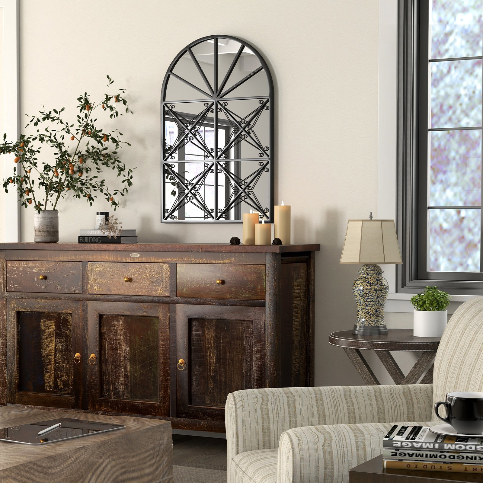 23 Inches x 34 Inches Arched Window Pane Mirror with Metal Frame for Living Room, Black Wall Mirrors at Gallery Canada