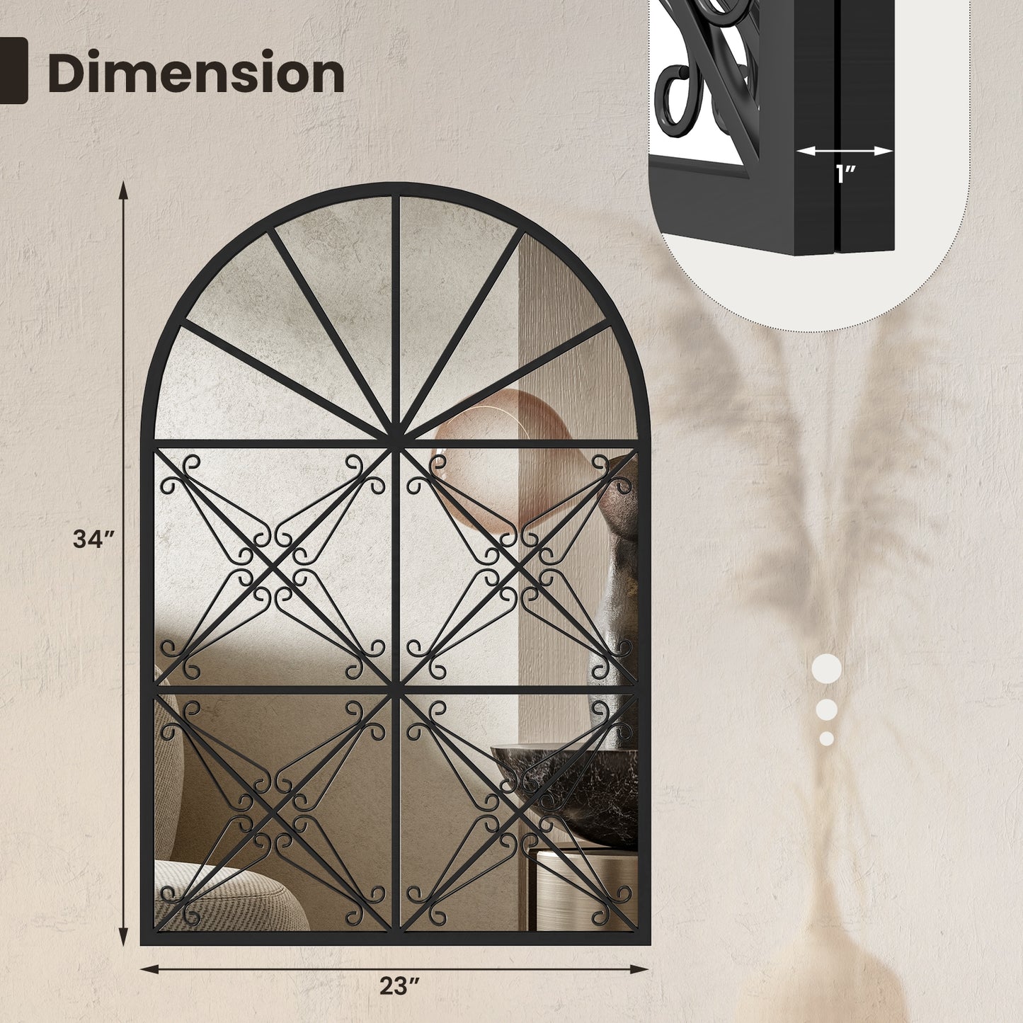 23 Inches x 34 Inches Arched Window Pane Mirror with Metal Frame for Living Room, Black Wall Mirrors at Gallery Canada