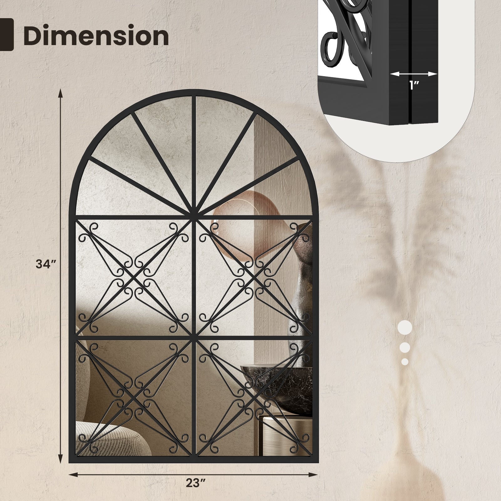 23 Inches x 34 Inches Arched Window Pane Mirror with Metal Frame for Living Room, Black Wall Mirrors at Gallery Canada