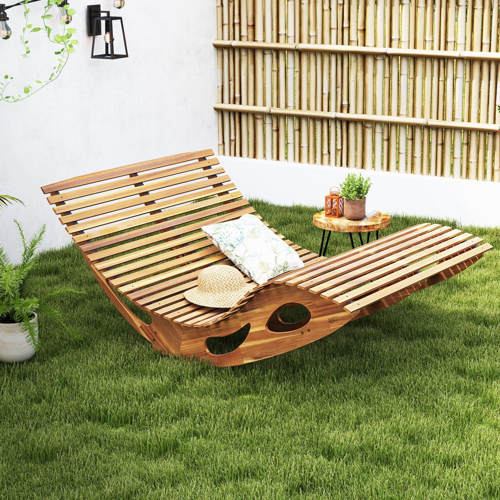 Slatted Acacia 2-Seat Patio Dual Rocker Sunbed Wood Lounger with Ergonomic Curved Seat, Natural Patio Rocking Chairs & Gliders at Gallery Canada