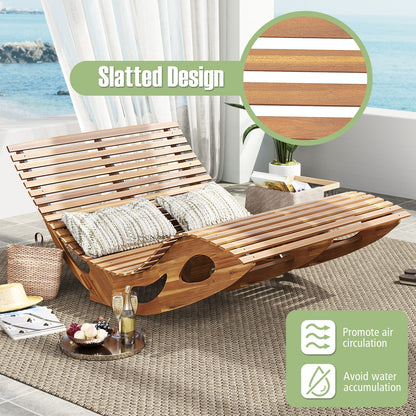 Slatted Acacia 2-Seat Patio Dual Rocker Sunbed Wood Lounger with Ergonomic Curved Seat, Natural Patio Rocking Chairs & Gliders at Gallery Canada
