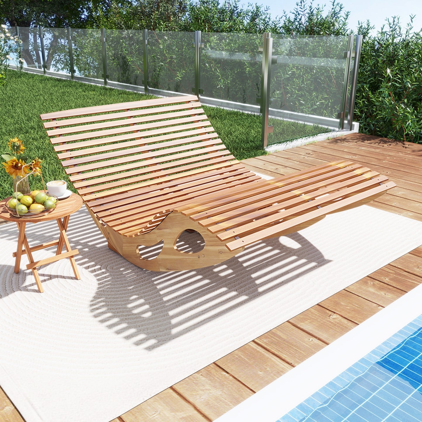 Slatted Acacia 2-Seat Patio Dual Rocker Sunbed Wood Lounger with Ergonomic Curved Seat, Natural Patio Rocking Chairs & Gliders at Gallery Canada