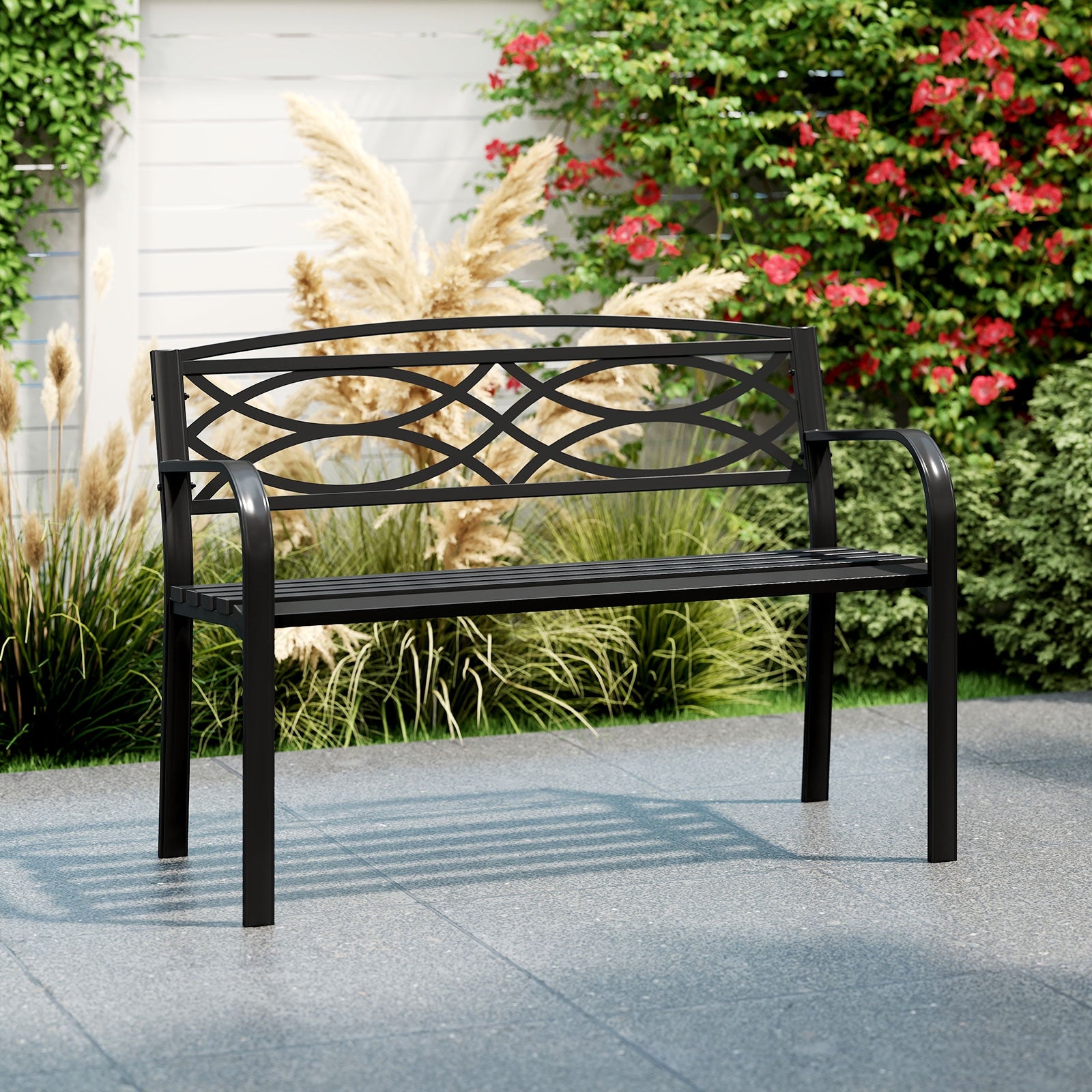 Garden Bench with Curved Armrests and Backrest, Black Outdoor Benches at Gallery Canada