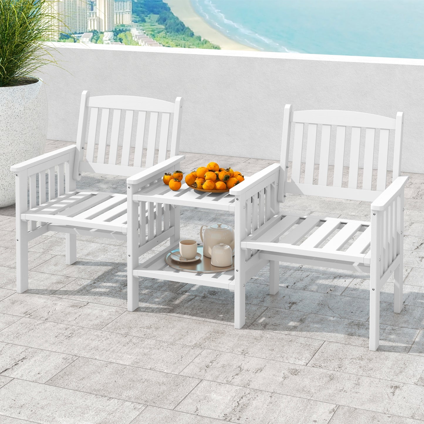 Outdoor Fir Wood Loveseat with 2-Tier Side Table and 1.96" Umbrella Hole, White Patio Conversation Sets at Gallery Canada