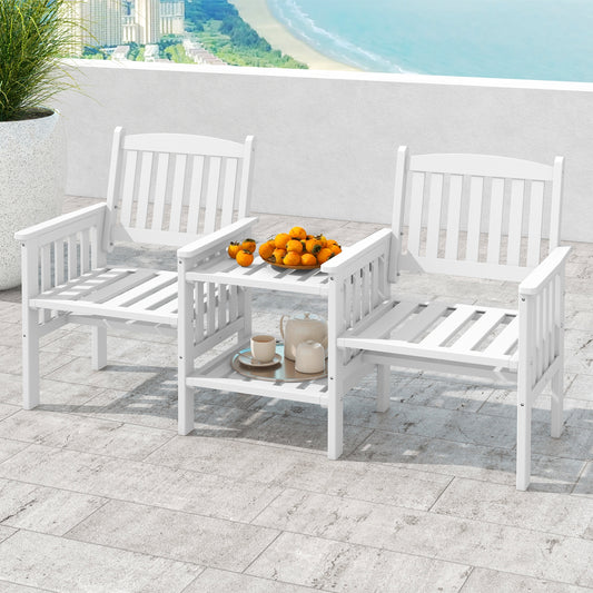 Outdoor Fir Wood Loveseat with 2-Tier Side Table and 1.96" Umbrella Hole, White Patio Conversation Sets White at Gallery Canada
