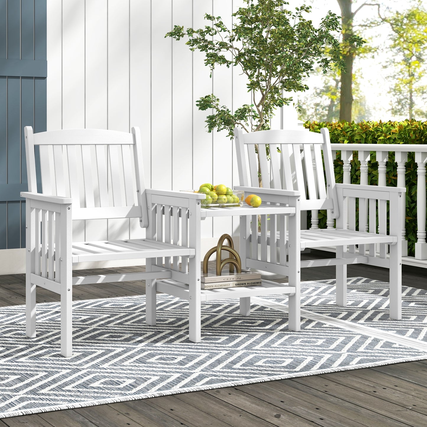Outdoor Fir Wood Loveseat with 2-Tier Side Table and 1.96" Umbrella Hole, White Patio Conversation Sets at Gallery Canada