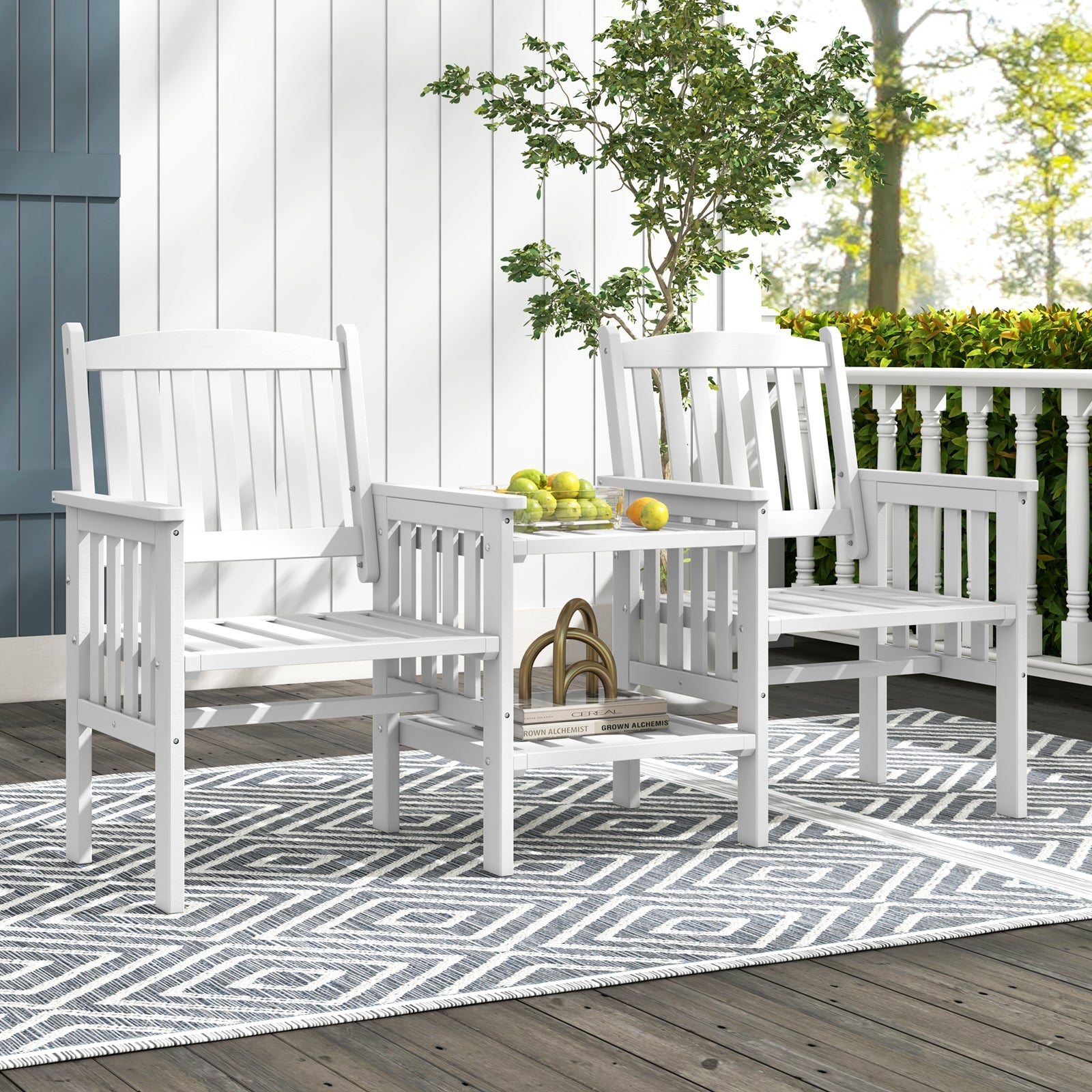 Outdoor Fir Wood Loveseat with 2-Tier Side Table and 1.96" Umbrella Hole, White Patio Conversation Sets at Gallery Canada