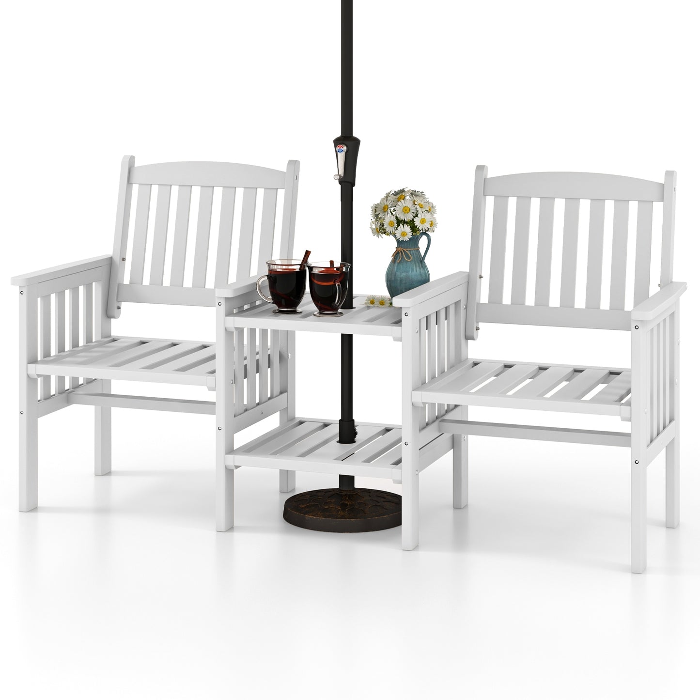 Outdoor Fir Wood Loveseat with 2-Tier Side Table and 1.96" Umbrella Hole, White Patio Conversation Sets at Gallery Canada