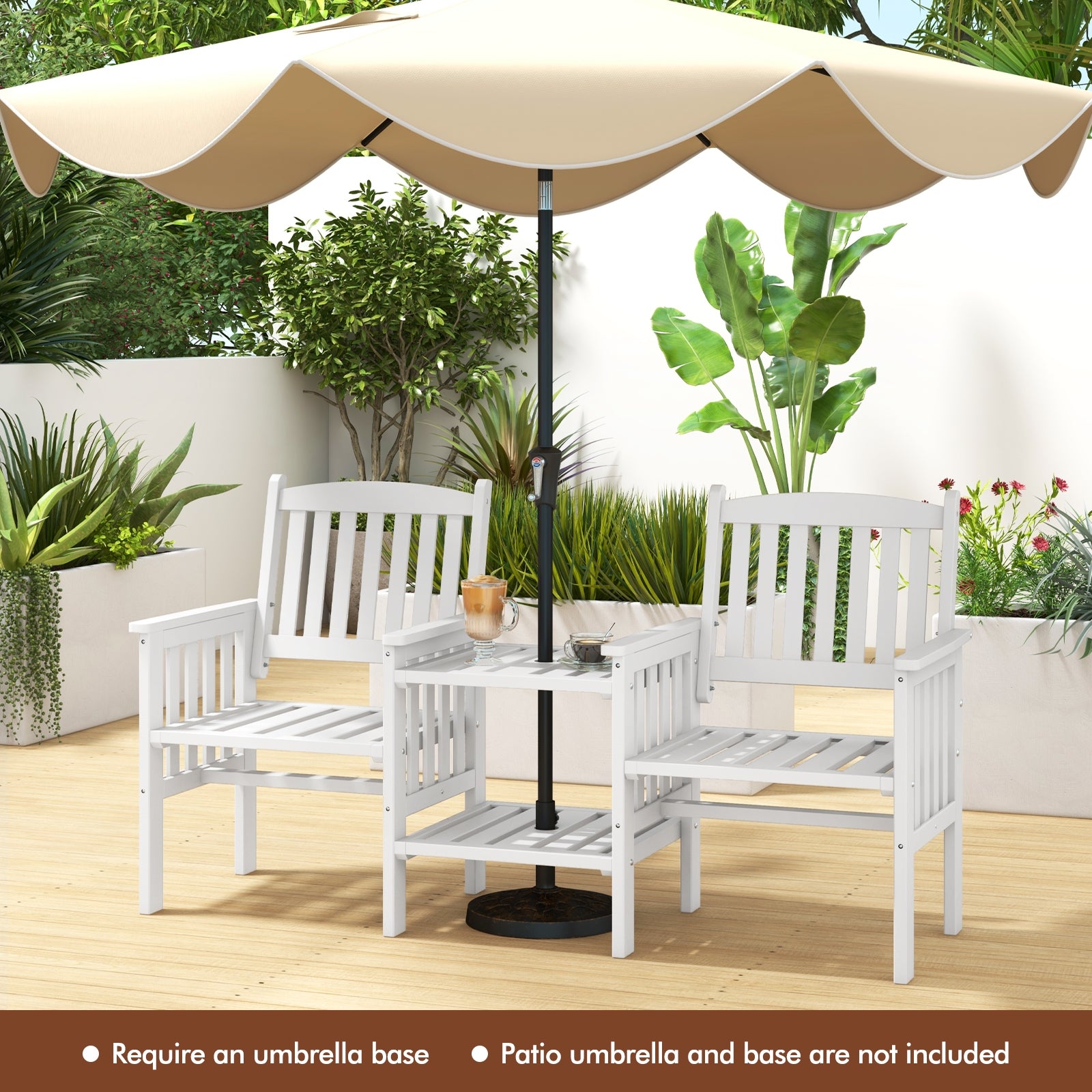 Outdoor Fir Wood Loveseat with 2-Tier Side Table and 1.96" Umbrella Hole, White Patio Conversation Sets at Gallery Canada