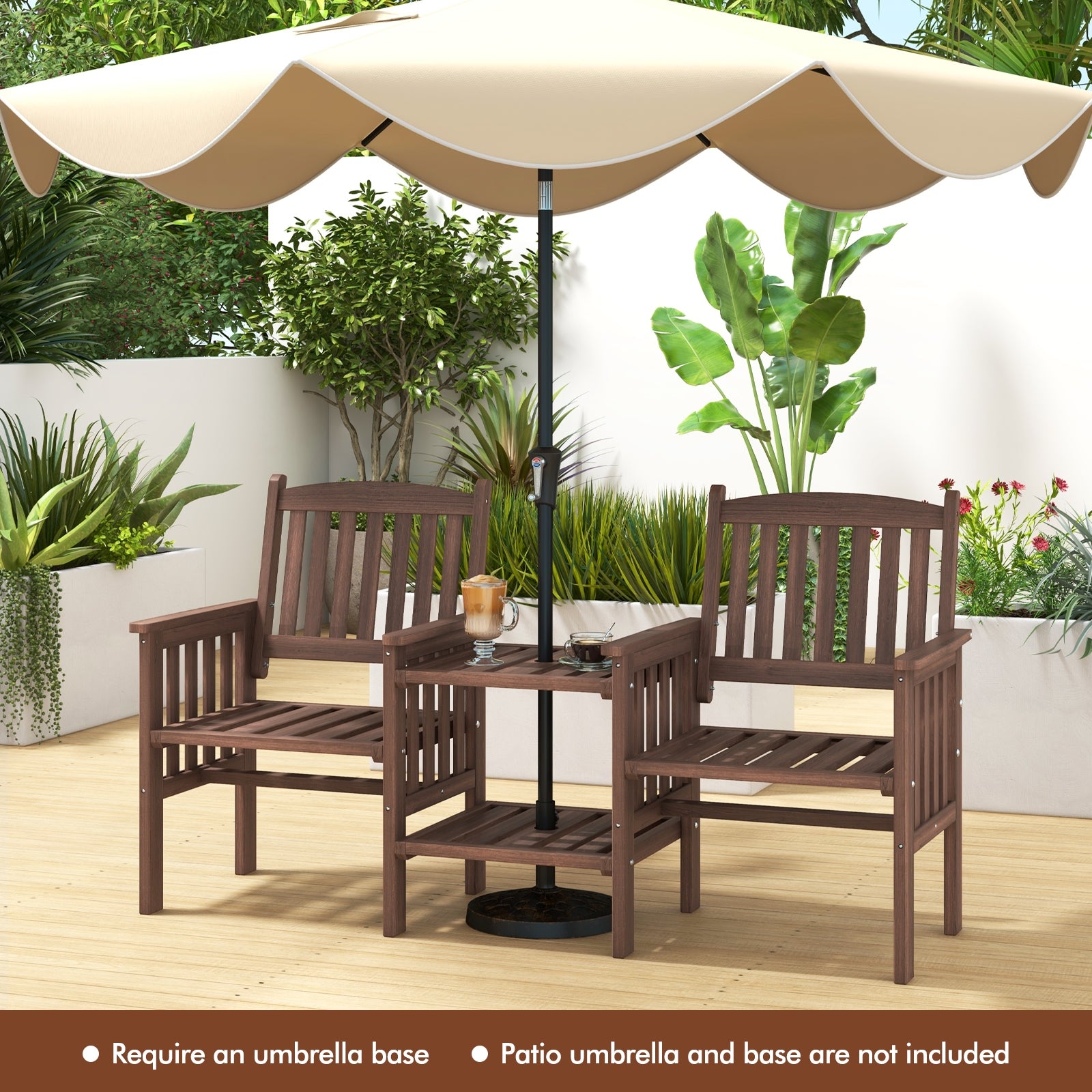 Outdoor Fir Wood Loveseat with 2-Tier Side Table and 1.96" Umbrella Hole, Coffee Patio Conversation Sets at Gallery Canada