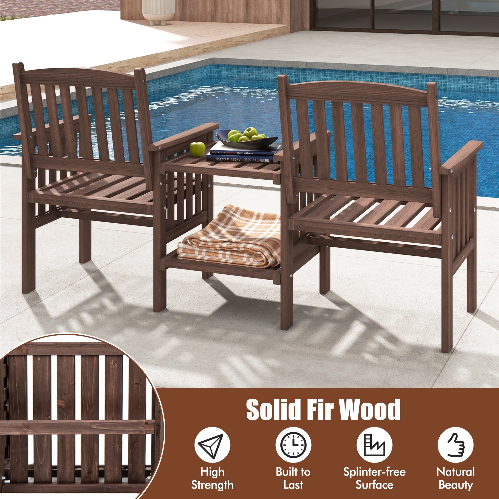 Outdoor Fir Wood Loveseat with 2-Tier Side Table and 1.96" Umbrella Hole, Coffee Patio Conversation Sets at Gallery Canada