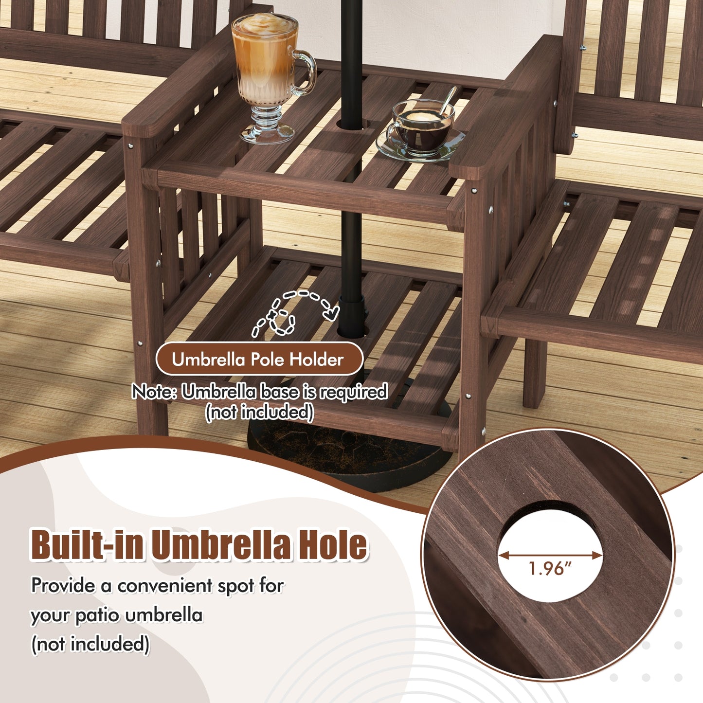 Outdoor Fir Wood Loveseat with 2-Tier Side Table and 1.96" Umbrella Hole, Coffee Patio Conversation Sets at Gallery Canada