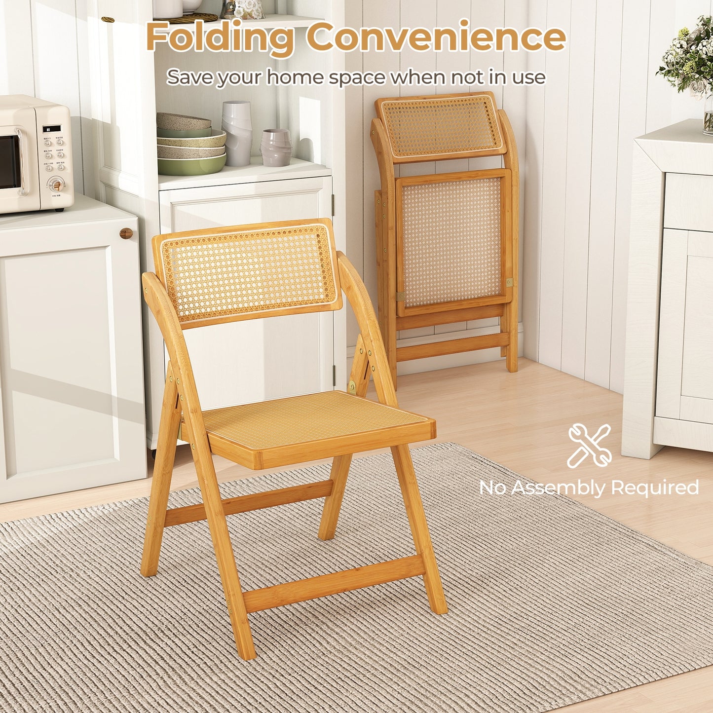 Rattan Cane Folding Dining Chairs Set of 2 with Rotatable Backrests, Natural Dining Chairs at Gallery Canada