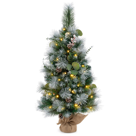 3 FT Pre-Lit Artificial Mini Christmas Tree, 98 Flocked PVC Pine Needles, Green Christmas Green at Gallery Canada
