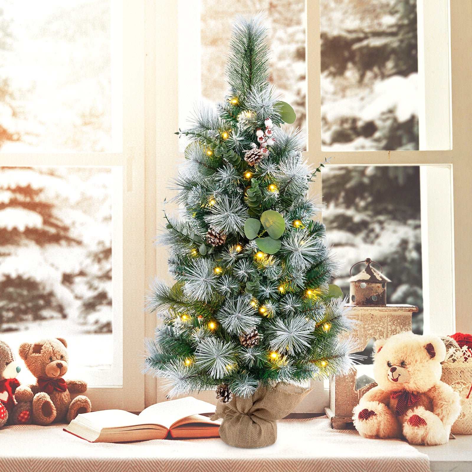 3 FT Pre-Lit Artificial Mini Christmas Tree with 98 Flocked PVC and Pine Needles, Green Christmas at Gallery Canada