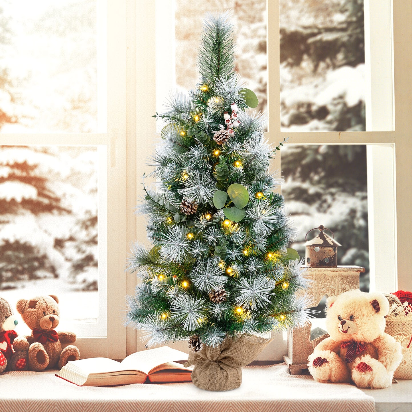 3 FT Pre-Lit Artificial Mini Christmas Tree with 98 Flocked PVC and Pine Needles, Green Christmas at Gallery Canada