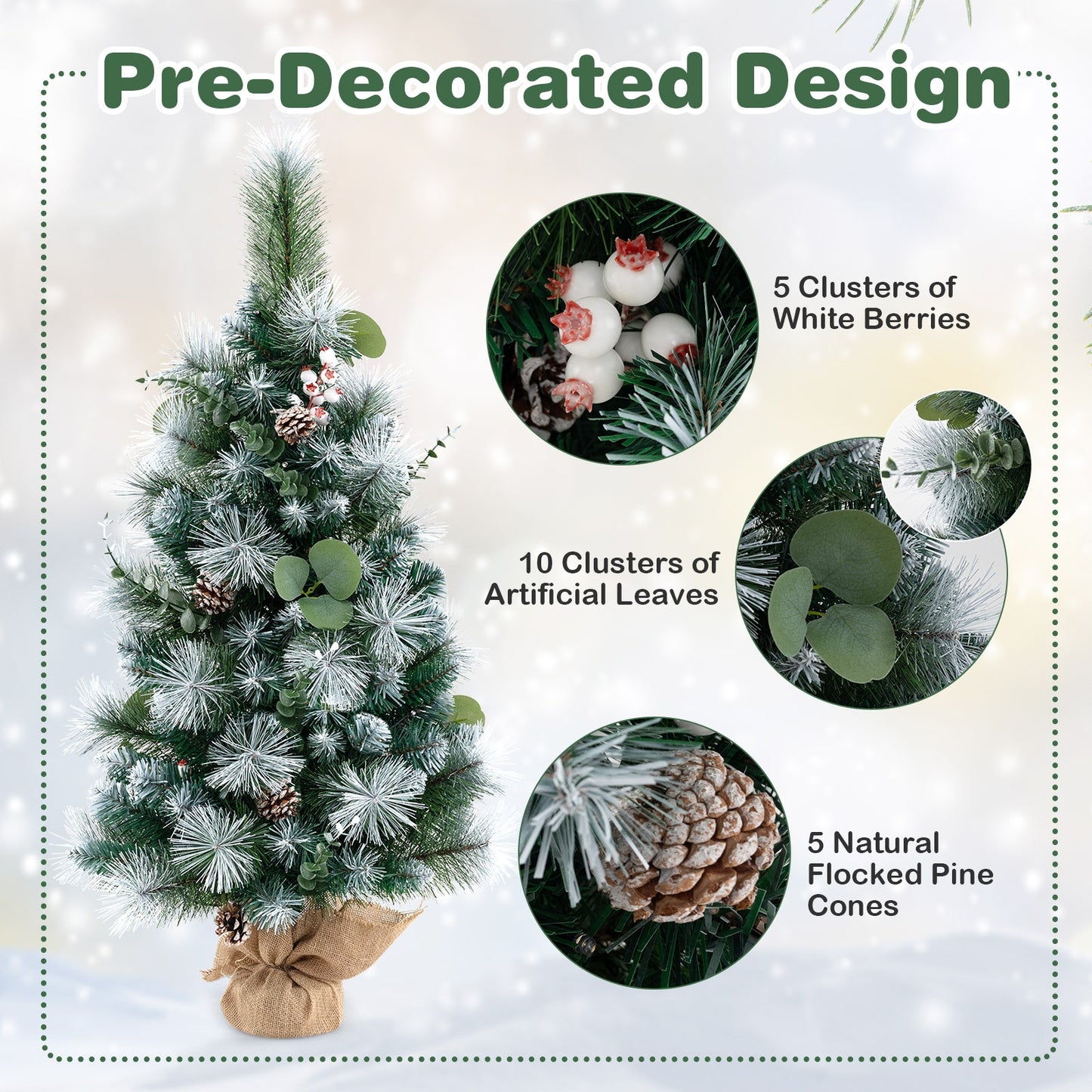 3 FT Pre-Lit Artificial Mini Christmas Tree with 98 Flocked PVC and Pine Needles, Green Christmas at Gallery Canada