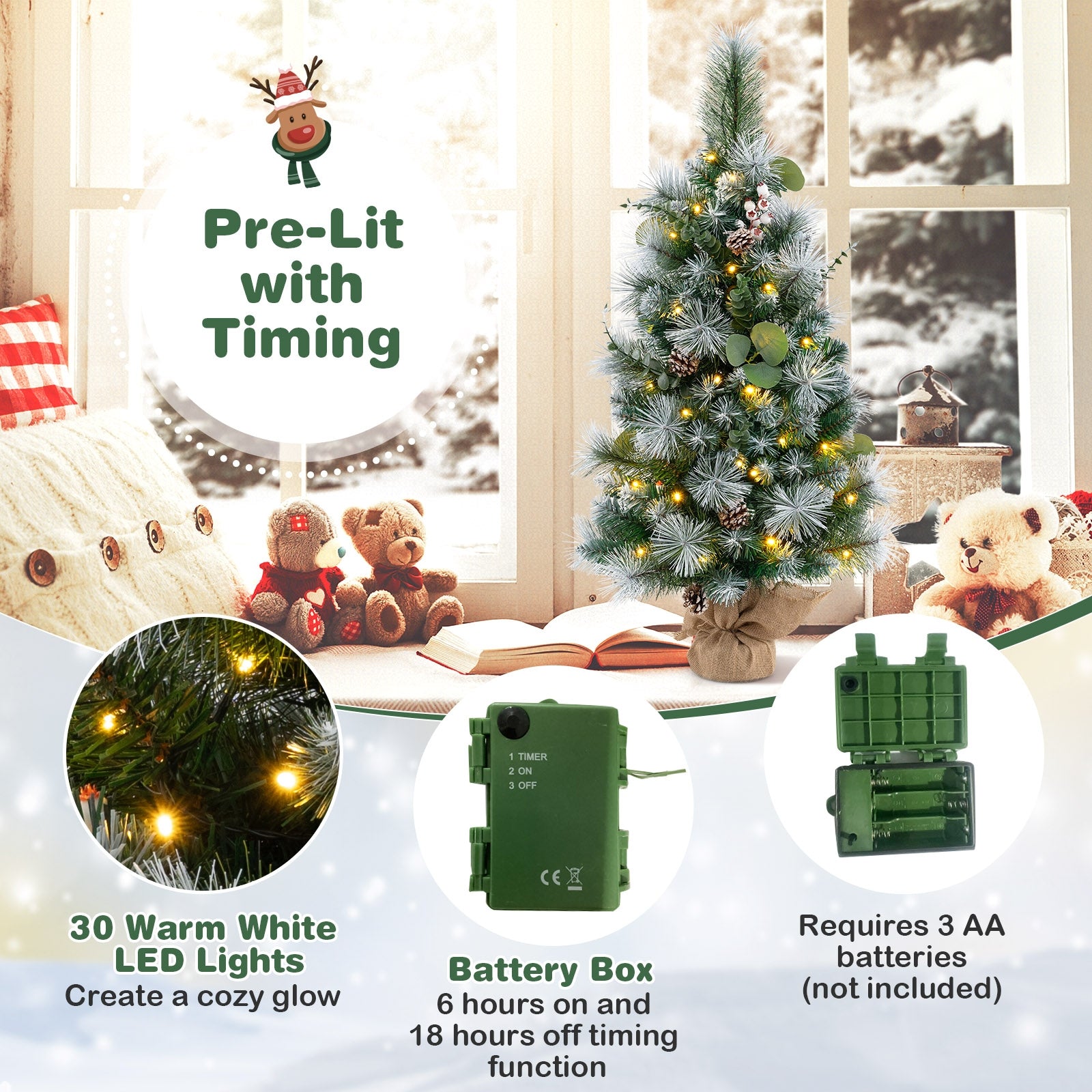 3 FT Pre-Lit Artificial Mini Christmas Tree with 98 Flocked PVC and Pine Needles, Green Christmas at Gallery Canada