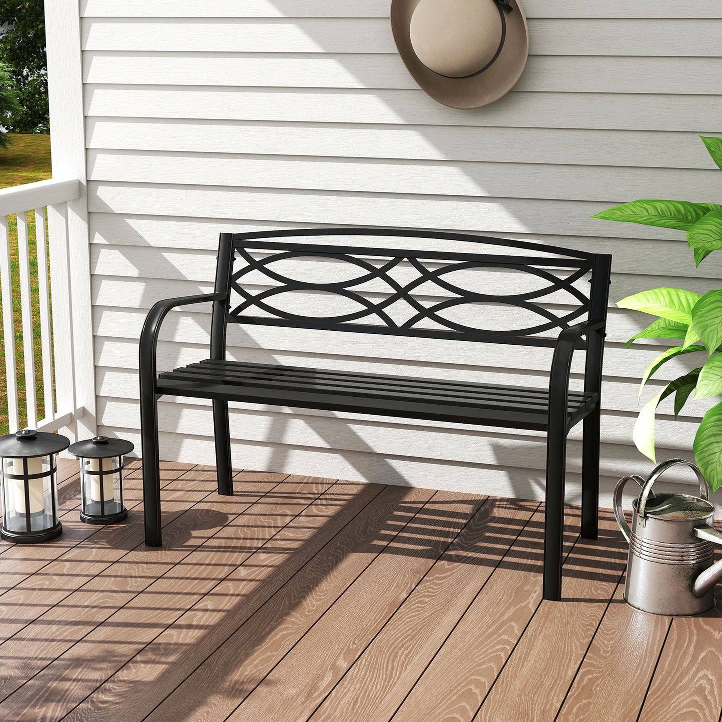 Garden Bench with Curved Armrests and Backrest, Black Outdoor Benches at Gallery Canada