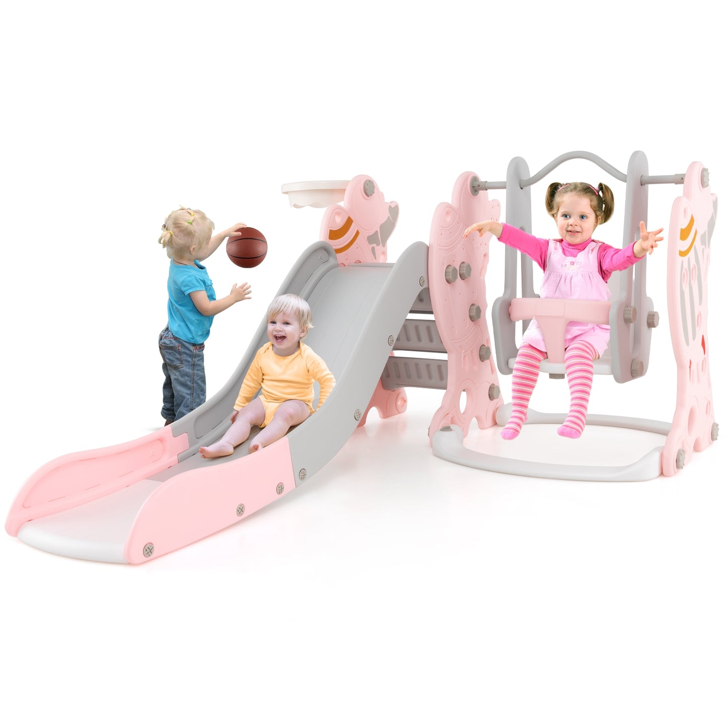 4-in-1 Kids Slide and Swing Set with Basketball Hoop, Pink Climbers & Slides at Gallery Canada