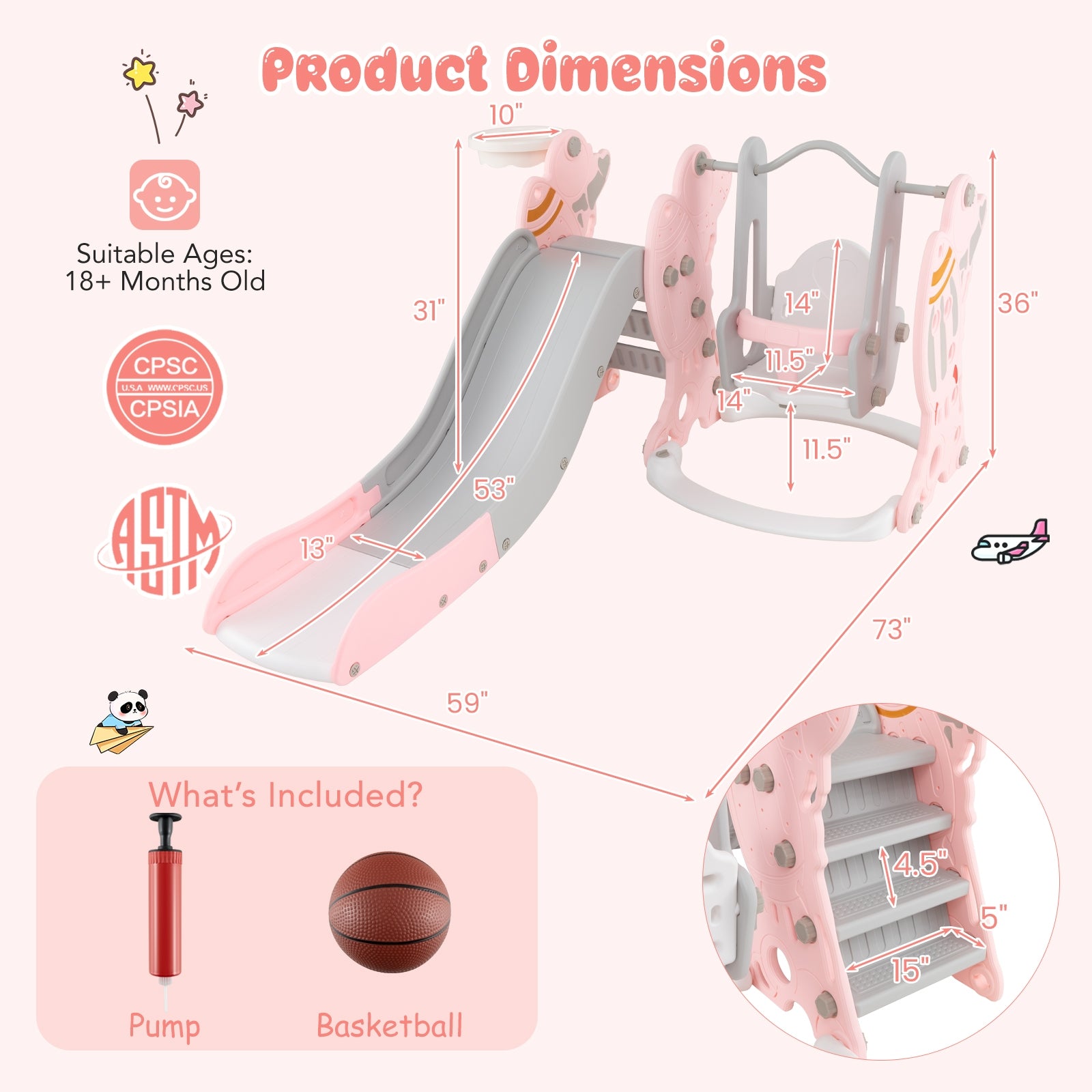 4-in-1 Kids Slide and Swing Set with Basketball Hoop, Pink Climbers & Slides at Gallery Canada