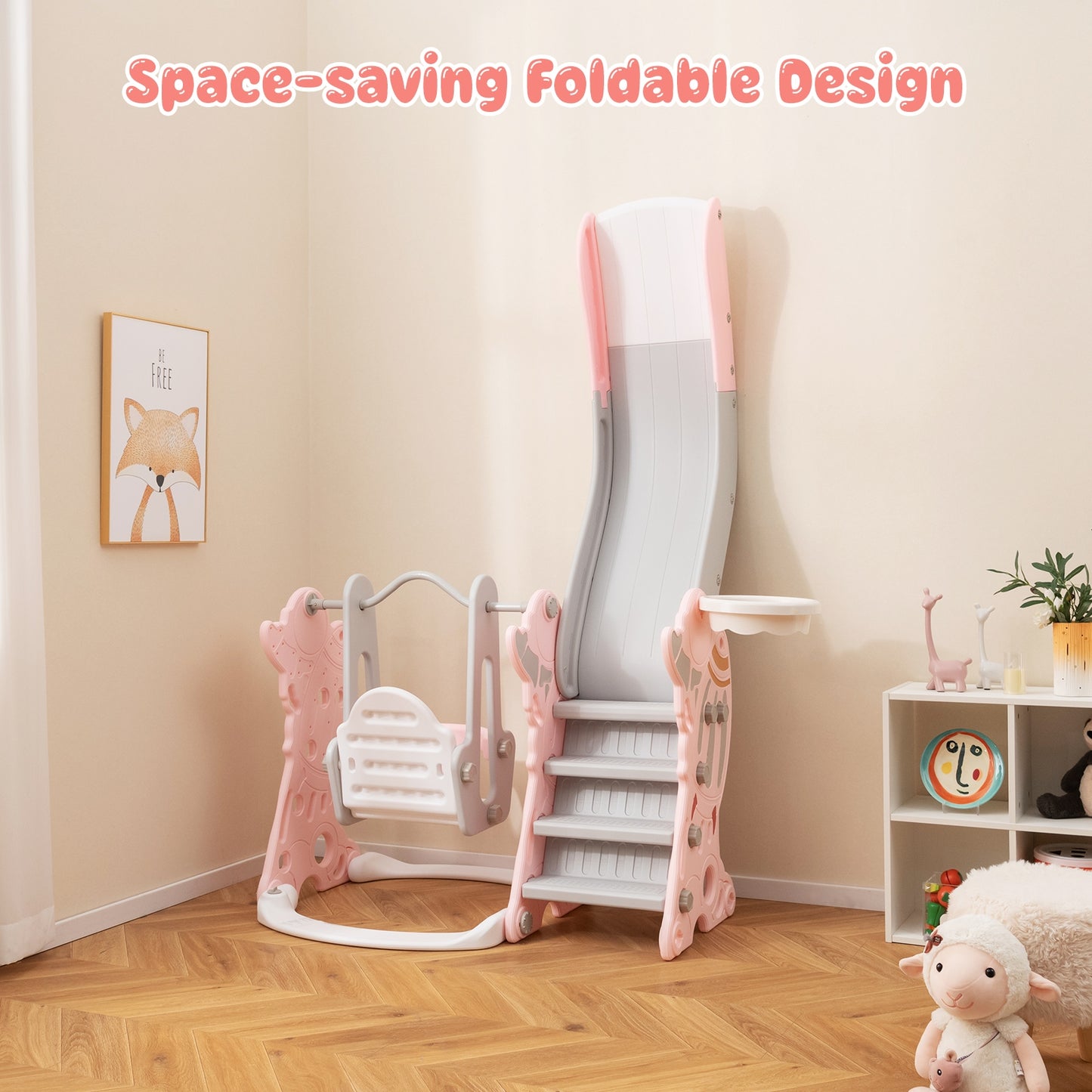 4-in-1 Kids Slide and Swing Set with Basketball Hoop, Pink Climbers & Slides at Gallery Canada