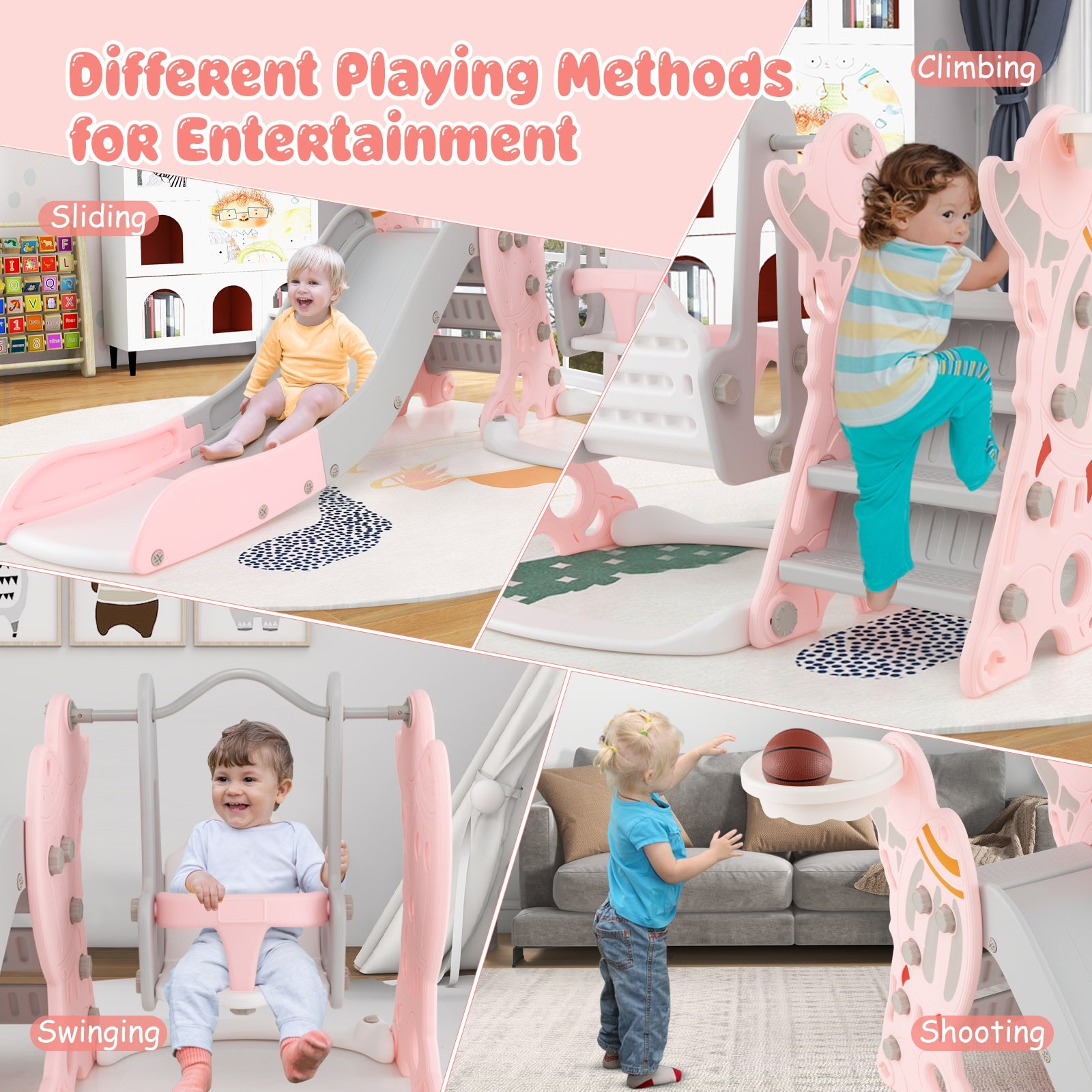 4-in-1 Kids Slide and Swing Set with Basketball Hoop, Pink Climbers & Slides at Gallery Canada