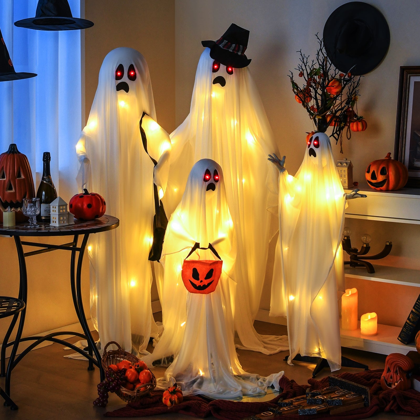 4 PCS Halloween Ghost Family, Cloth, And Warm White LED Lights, White, Red Halloween at Gallery Canada