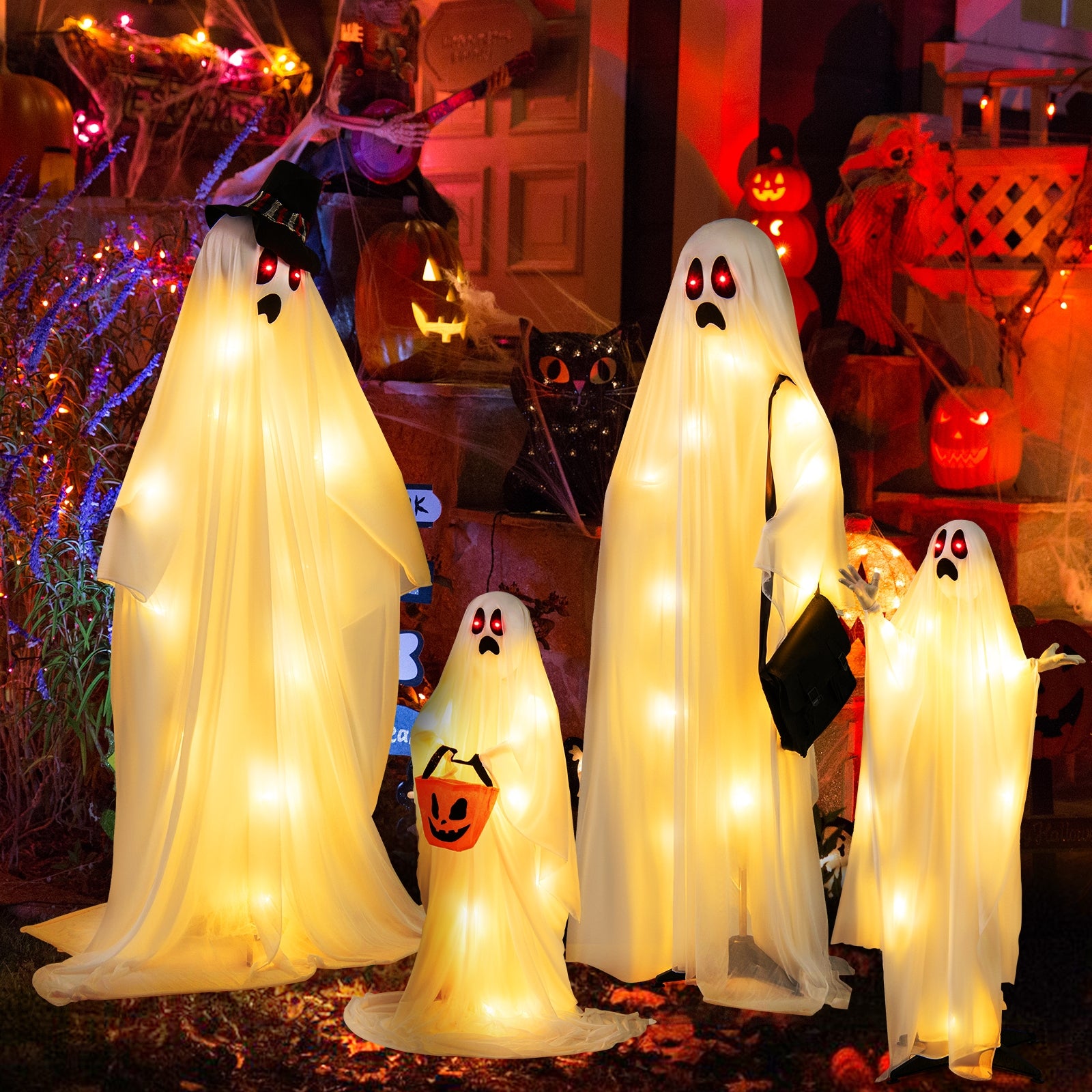 4 PCS Halloween Ghost Family, Cloth, And Warm White LED Lights, White, Red Halloween at Gallery Canada